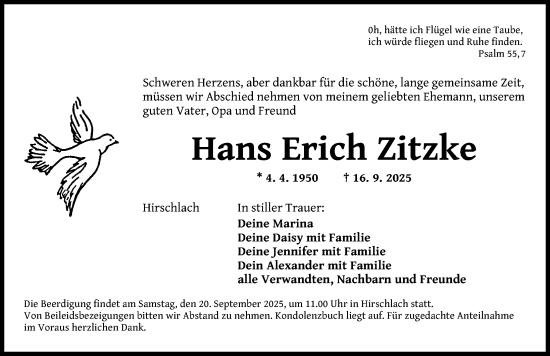Traueranzeige von Hans Erich Zitzke von Altmühl-Bote Lokal