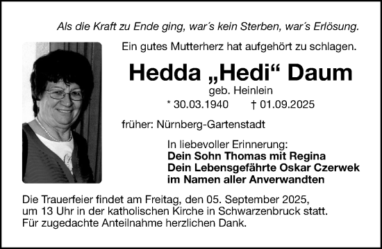 Traueranzeige von Hedda Daum von Gesamtausgabe Nürnberger Nachrichten/ Nürnberger Ztg.