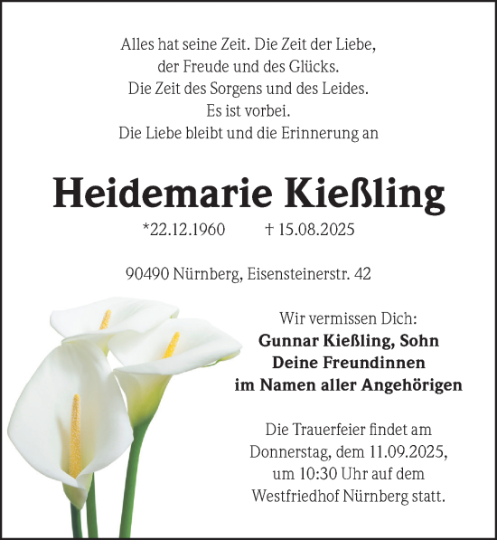 Traueranzeige von Heidemarie Kießling von Gesamtausgabe Nürnberger Nachrichten/ Nürnberger Ztg.