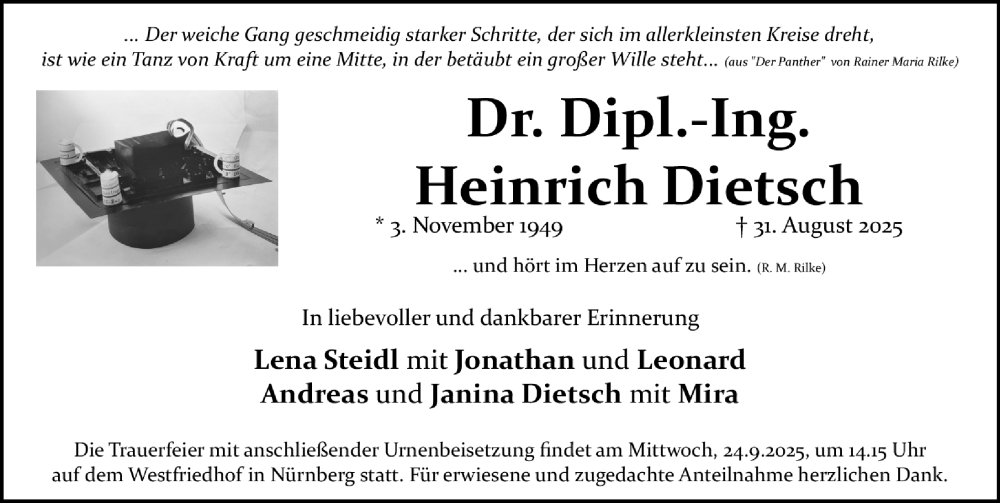 Traueranzeige für Heinrich Dietsch vom 06.09.2025 aus Gesamtausgabe Nürnberger Nachrichten/ Nürnberger Ztg.