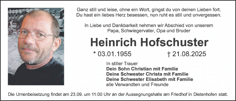  Traueranzeige für Heinrich Hofschuster vom 20.09.2025 aus Schwabacher Tagblatt Lokal