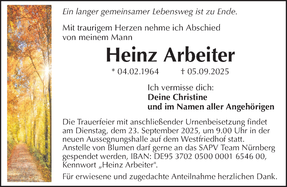  Traueranzeige für Heinz Arbeiter vom 20.09.2025 aus Gesamtausgabe Nürnberger Nachrichten/ Nürnberger Ztg.