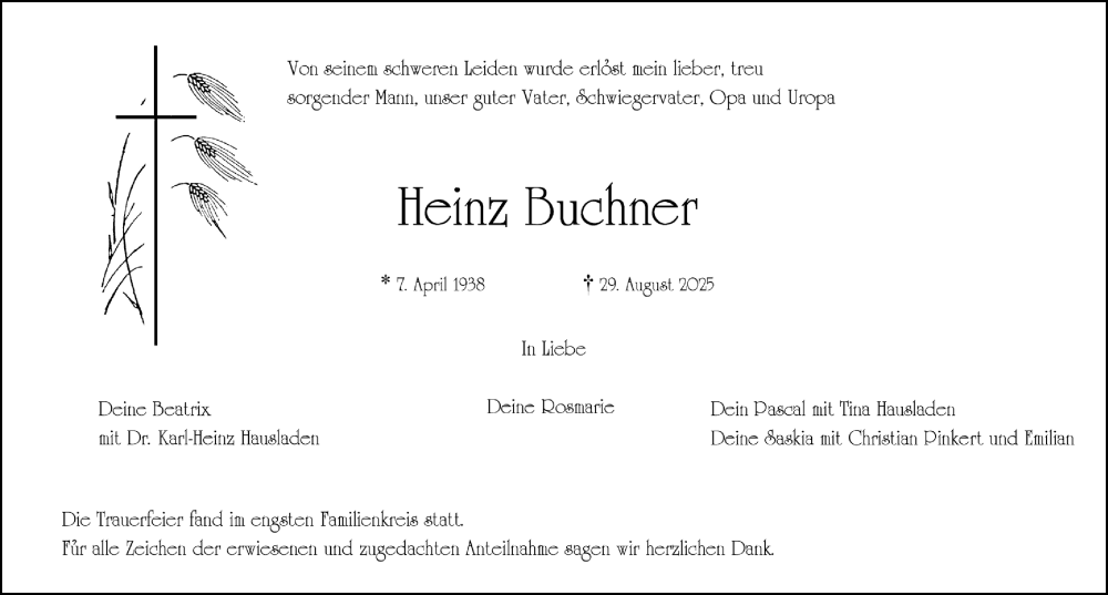 Traueranzeige für Heinz Buchner vom 13.09.2025 aus Gesamtausgabe Nürnberger Nachrichten/ Nürnberger Ztg.
