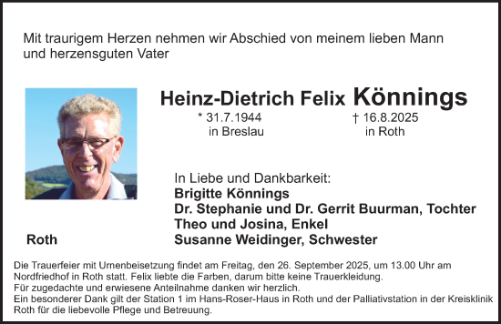 Traueranzeige von Heinz-Dietrich Felix Könnings von Roth-Hilpoltsteiner Volkszeitung Lokal
