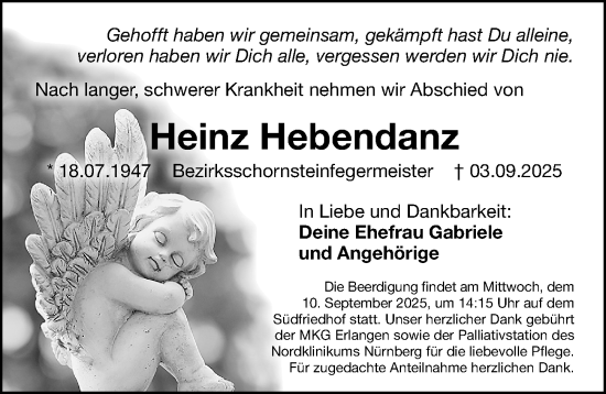 Traueranzeige von Heinz Hebendanz von Gesamtausgabe Nürnberger Nachrichten/ Nürnberger Ztg.