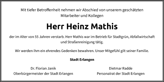 Traueranzeige von Heinz Mathis von Erlanger Nachrichten Lokal