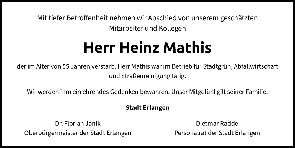  Traueranzeige für Heinz Mathis vom 29.09.2025 aus Erlanger Nachrichten Lokal