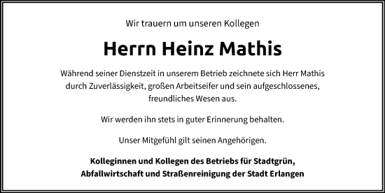 Traueranzeige von Heinz Mathis von Erlanger Nachrichten Lokal
