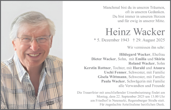 Traueranzeige von Heinz Wacker von Neumarkter Nachrichten Lokal