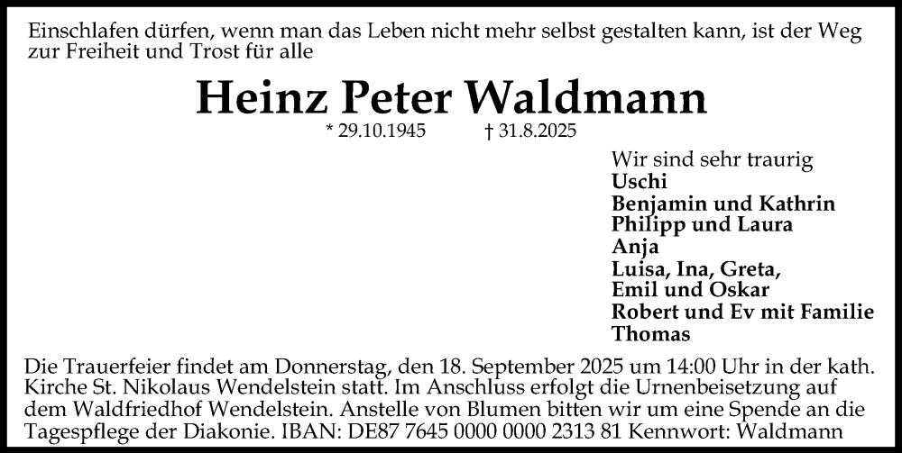  Traueranzeige für Heinz Peter Waldmann vom 13.09.2025 aus Schwabacher Tagblatt Lokal