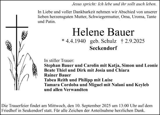 Traueranzeige von Helene Bauer von Fürther Nachrichten Lokal