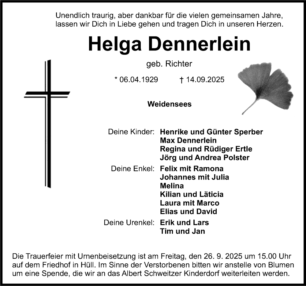  Traueranzeige für Helga Dennerlein vom 20.09.2025 aus Nordbayerische Nachrichten Pegnitz Lokal