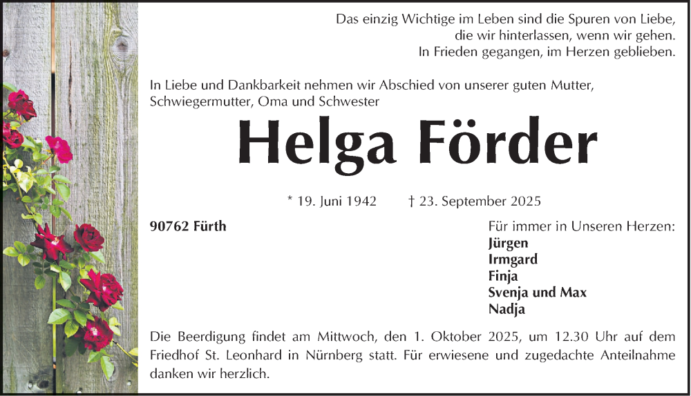 Traueranzeige für Helga Förder vom 27.09.2025 aus Gesamtausgabe Nürnberger Nachrichten/ Nürnberger Ztg.