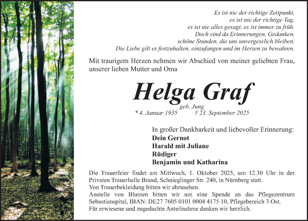  Traueranzeige für Helga Graf vom 27.09.2025 aus Gesamtausgabe Nürnberger Nachrichten/ Nürnberger Ztg.