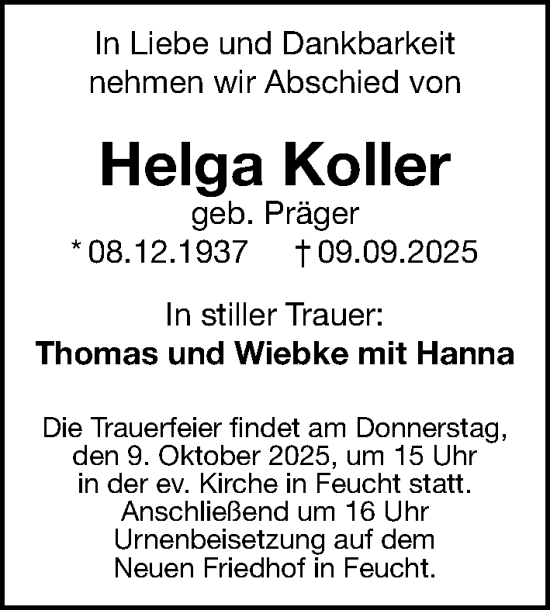 Traueranzeige von Helga Koller von Gesamtausgabe Nürnberger Nachrichten/ Nürnberger Ztg.