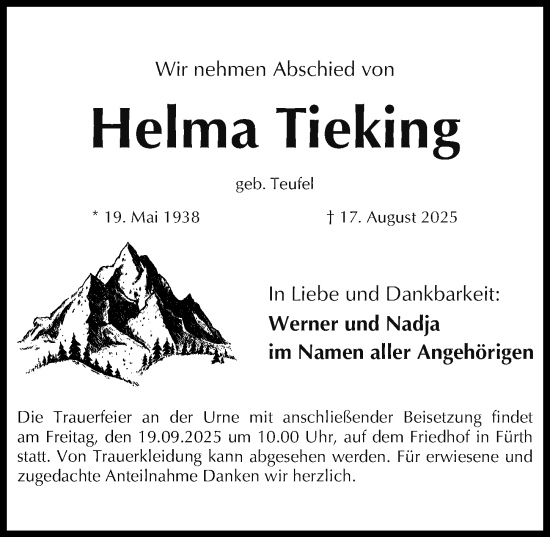 Traueranzeige von Helma Tieking von Fürther Nachrichten Lokal