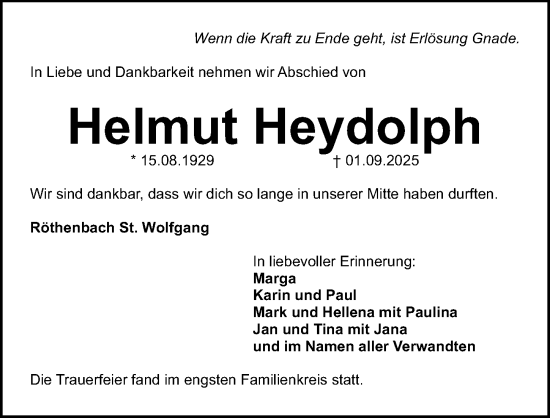 Traueranzeige von Helmut Heydolph von Gesamtausgabe Nürnberger Nachrichten/ Nürnberger Ztg.