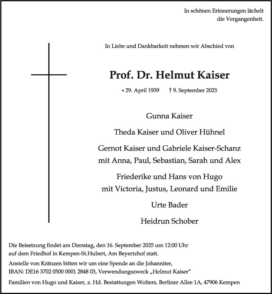  Traueranzeige für Helmut Kaiser vom 13.09.2025 aus Erlanger Nachrichten Lokal