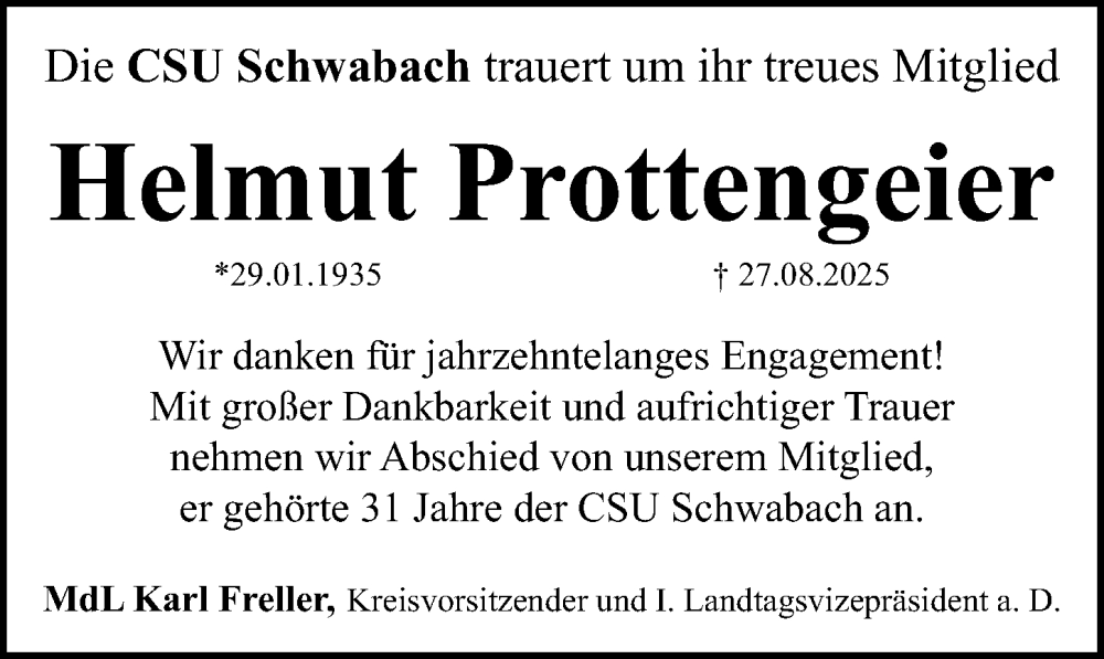  Traueranzeige für Helmut Prottengeier vom 22.09.2025 aus Schwabacher Tagblatt Lokal