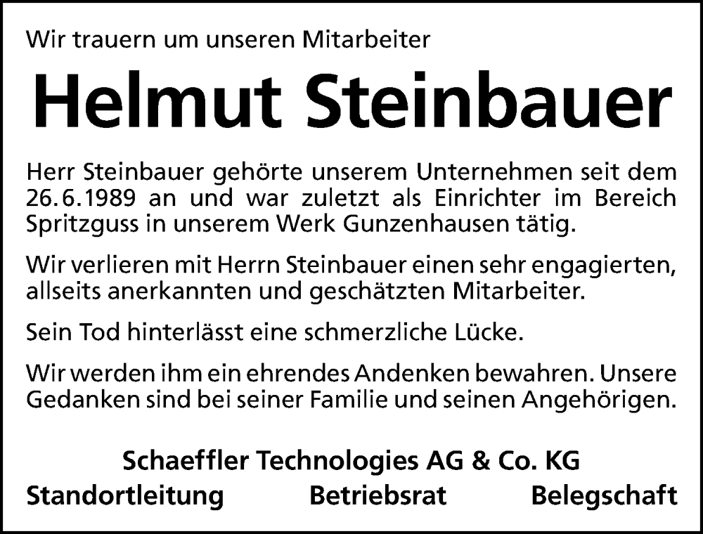  Traueranzeige für Helmut Steinbauer vom 12.09.2025 aus Altmühl-Bote Lokal