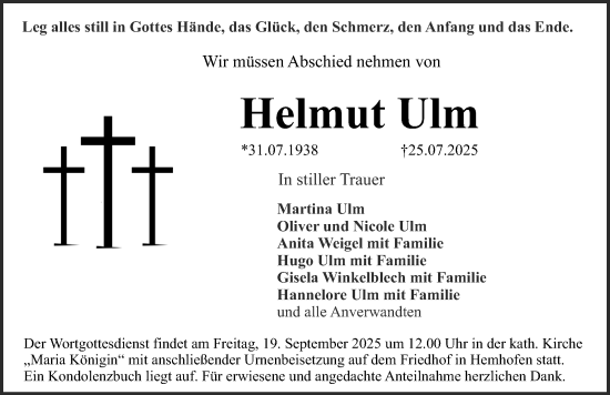 Traueranzeige von Helmut Ulm von Erlanger Nachrichten Lokal