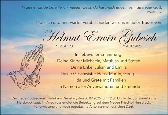 Traueranzeige von Helmut Erwin Gubesch von Gesamtausgabe Nürnberger Nachrichten/ Nürnberger Ztg.