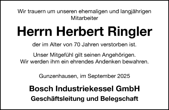 Traueranzeige von Herbert Ringler von Altmühl-Bote Lokal