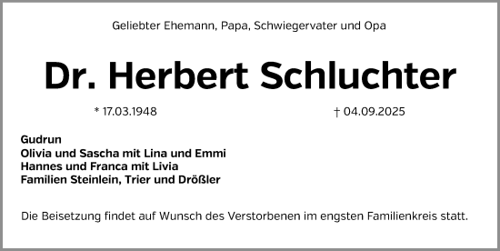 Traueranzeige von Herbert Schluchter von Gesamtausgabe Nürnberger Nachrichten/ Nürnberger Ztg.