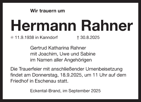 Traueranzeige von Hermann Rahner von Nordbayerische Nachrichten Forchheim Lokal
