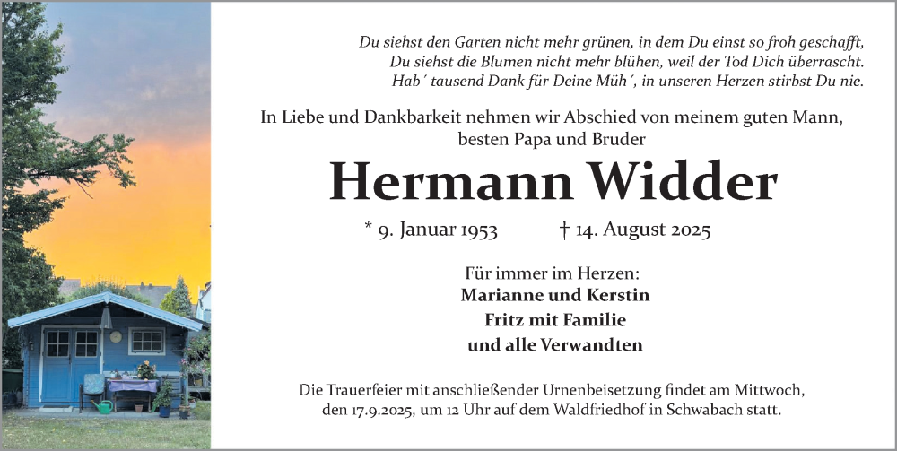  Traueranzeige für Hermann Widder vom 12.09.2025 aus Schwabacher Tagblatt Lokal