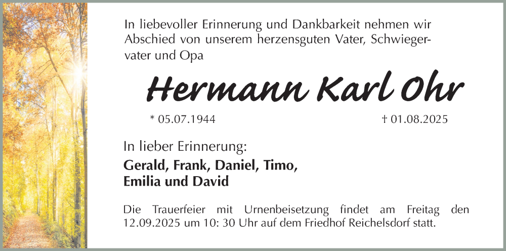  Traueranzeige für Hermann Karl Ohr vom 06.09.2025 aus Gesamtausgabe Nürnberger Nachrichten/ Nürnberger Ztg.