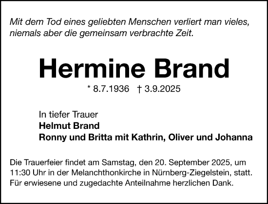 Traueranzeige von Hermine Brand von Gesamtausgabe Nürnberger Nachrichten/ Nürnberger Ztg.