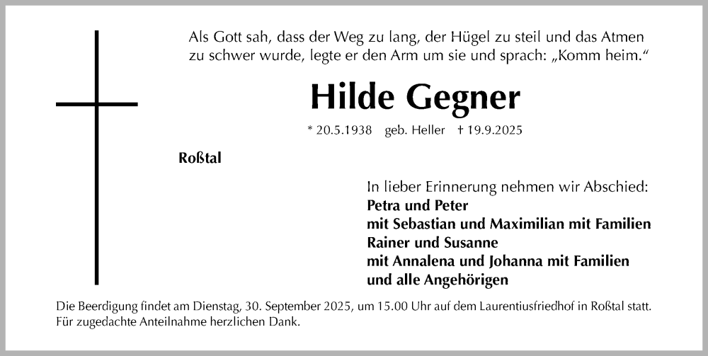  Traueranzeige für Hilde Gegner vom 27.09.2025 aus Fürther Nachrichten Lokal