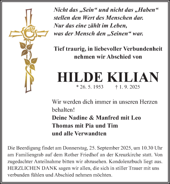 Traueranzeige von Hilde Kilian von Roth-Hilpoltsteiner Volkszeitung Lokal
