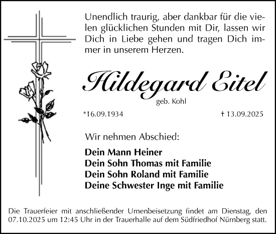 Traueranzeige von Hildegard Eitel von Gesamtausgabe Nürnberger Nachrichten/ Nürnberger Ztg.