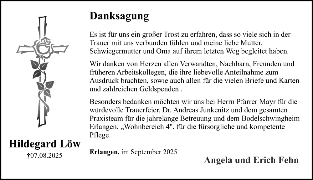  Traueranzeige für Hildegard Löw vom 13.09.2025 aus Erlanger Nachrichten Lokal