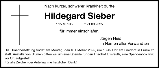 Traueranzeige von Hildegard Sieber von Nordbayerische Nachrichten Forchheim Lokal