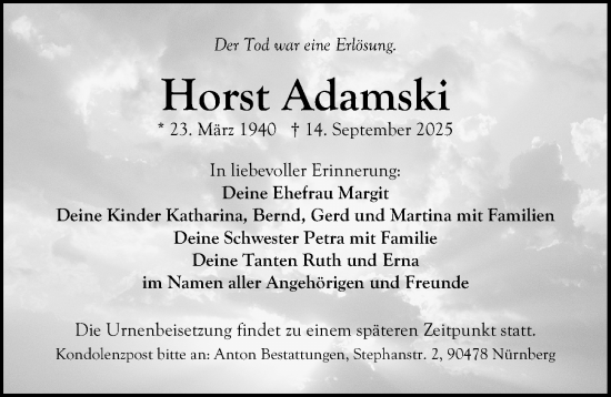 Traueranzeige von Horst Adamski von Gesamtausgabe Nürnberger Nachrichten/ Nürnberger Ztg.