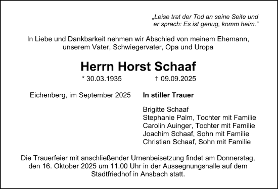 Traueranzeige von Horst Schaaf von Altmühl-Bote Lokal