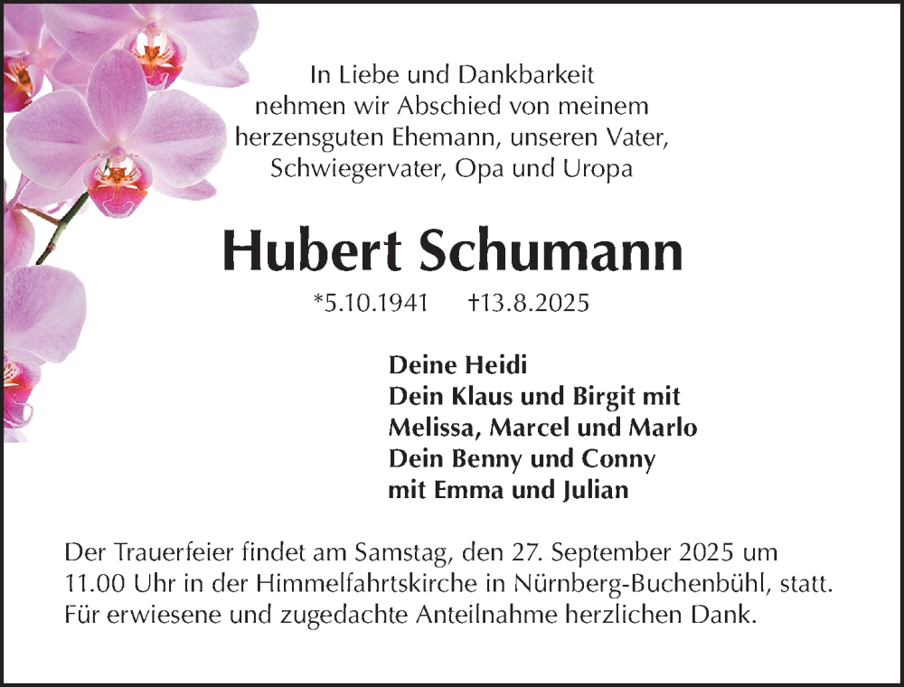  Traueranzeige für Hubert Schumann vom 20.09.2025 aus Gesamtausgabe Nürnberger Nachrichten/ Nürnberger Ztg.