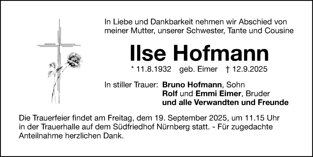  Traueranzeige für Ilse Hofmann vom 18.09.2025 aus Gesamtausgabe Nürnberger Nachrichten/ Nürnberger Ztg.