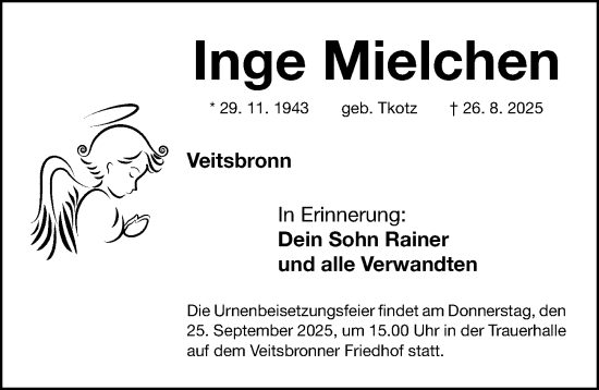 Traueranzeige von Inge Mielchen von Fürther Nachrichten Lokal