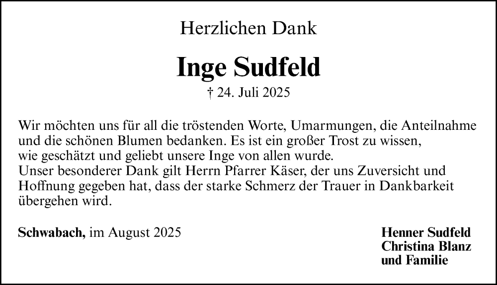  Traueranzeige für Inge Sudfeld vom 06.09.2025 aus Schwabacher Tagblatt Lokal