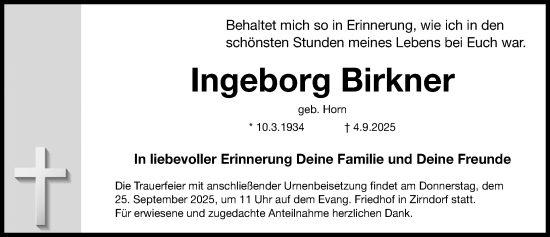Traueranzeige von Ingeborg Birkner von Fürther Nachrichten Lokal