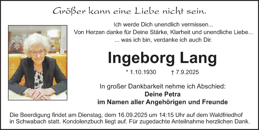  Traueranzeige für Ingeborg Lang vom 13.09.2025 aus Schwabacher Tagblatt Lokal