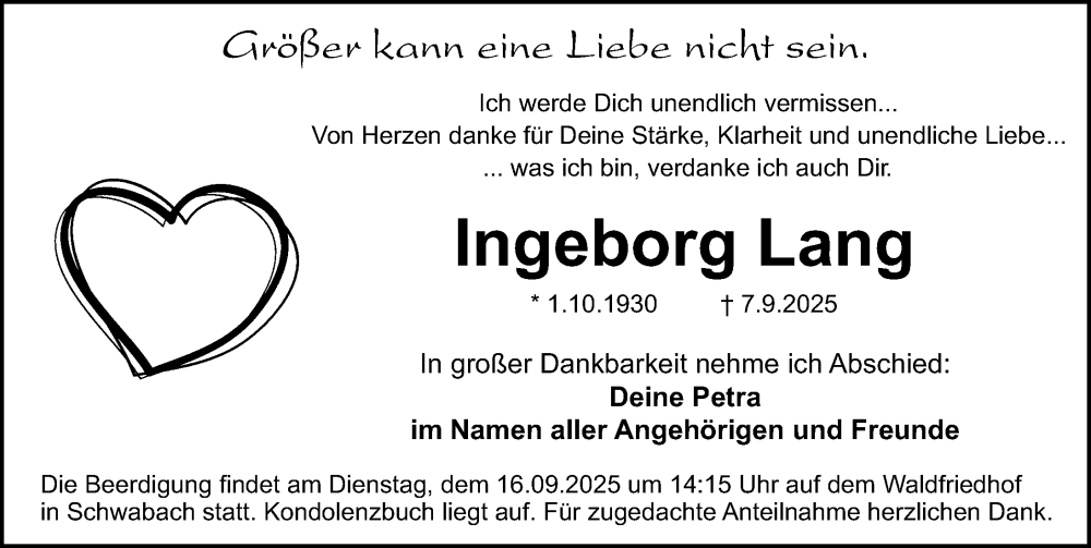  Traueranzeige für Ingeborg Lang vom 13.09.2025 aus Gesamtausgabe Nürnberger Nachrichten/ Nürnberger Ztg.