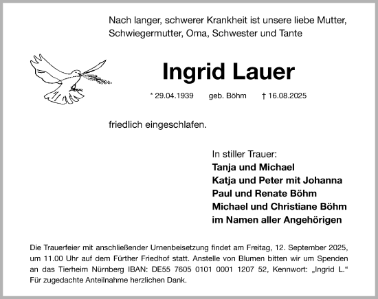 Traueranzeige von Ingrid Lauer von Fürther Nachrichten Lokal