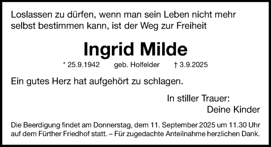 Traueranzeige von Ingrid Milde von Fürther Nachrichten Lokal