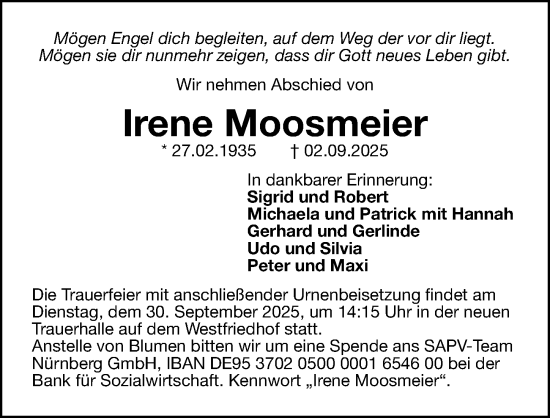 Traueranzeige von Irene Moosmeier von Gesamtausgabe Nürnberger Nachrichten/ Nürnberger Ztg.