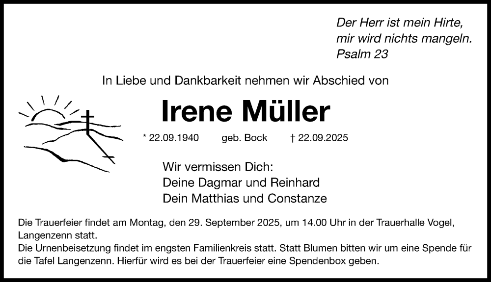  Traueranzeige für Irene Müller vom 27.09.2025 aus Fürther Nachrichten Lokal